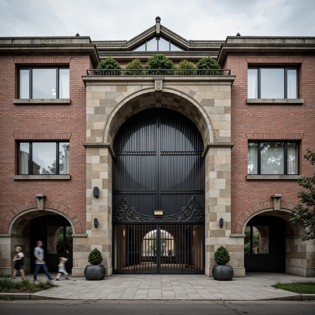 Prompt: Industrial factory facade, neoclassical architecture style, symmetrical composition, grand entrance gates, ornate metalwork details, rusticated stone walls, large rectangular windows, classical columns, arched doorways, subtle ornamentation, weathered brick texture, soft diffused lighting, 1/1 composition, medium depth of field, realistic rendering.