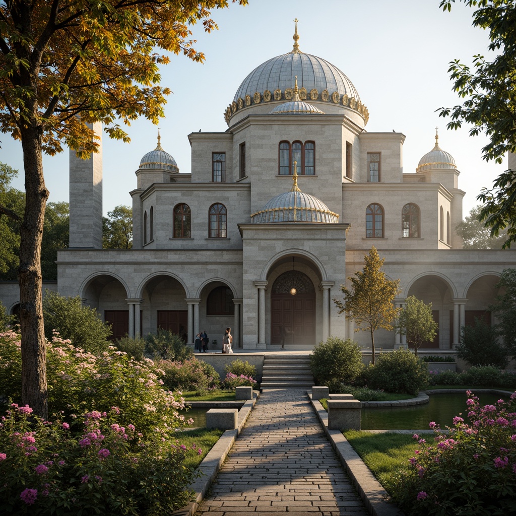 Prompt: Majestic Byzantine church, intricately carved stone facades, golden domes, lush greenery, vibrant flowers, serene water features, meandering pathways, ornate iron gates, rustic stone walls, atmospheric mist, warm sunlight, shallow depth of field, 1/2 composition, symmetrical framing, realistic textures, ambient occlusion, tranquil atmosphere, mystical ambiance.