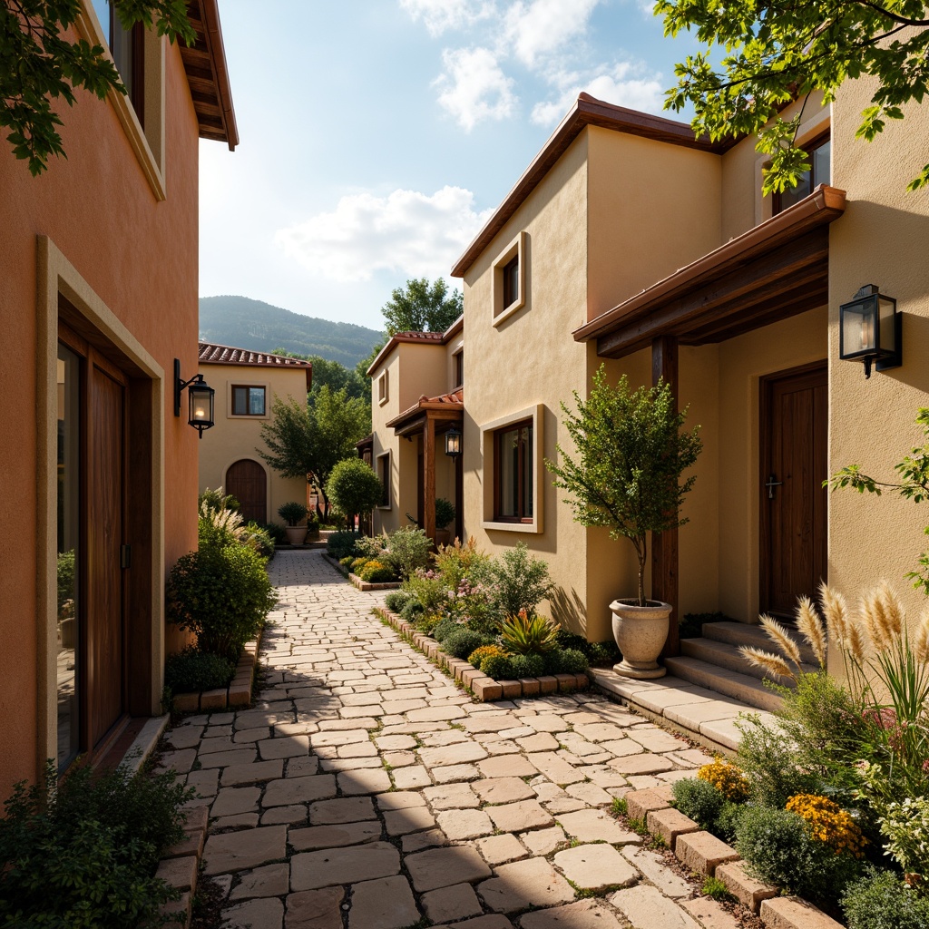 Prompt: Earth-toned buildings, olive green walls, rustic stone foundations, natural wood accents, weathered copper roofs, vintage metal lanterns, distressed wooden doors, arched windows, earthy terracotta floors, lush greenery, wildflower gardens, serene atmosphere, warm golden lighting, soft focus, 1/1 composition, realistic textures, ambient occlusion.