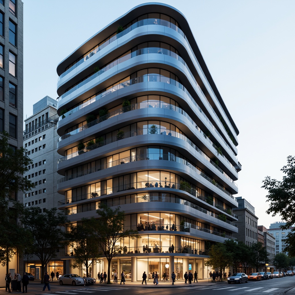 Prompt: Curved building facade, streamlined modern architecture, metallic materials, silver and chrome accents, minimalist ornamentation, horizontal emphasis, cantilevered upper floors, rounded edges, geometric patterns, futuristic aesthetic, urban cityscape, morning mist, soft warm lighting, shallow depth of field, 1/1 composition, realistic reflections, ambient occlusion.