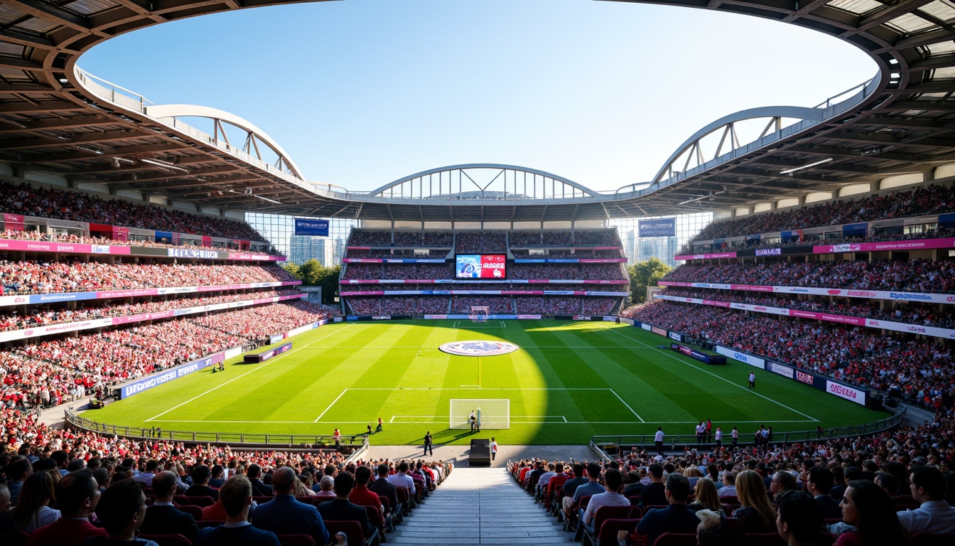 Prompt: Vibrant sports stadium, bold color blocking, dynamic seating arrangement, energetic crowd atmosphere, bright floodlights, electric scoreboard displays, modern curved lines, sleek metal structures, transparent glass fa\u00e7ades, urban cityscape backdrop, sunny day, high contrast lighting, shallow depth of field, 1/1 composition, realistic textures, ambient occlusion.