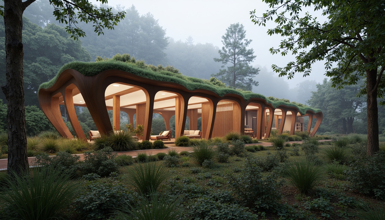 Prompt: Organic pavilion structure, translucent roofing, clerestory windows, natural ventilation systems, living walls, green roofs, bioluminescent accents, earthy tone color palette, warm soft lighting, diffused shadows, 1/2 composition, shallow depth of field, realistic textures, ambient occlusion, serene forest surroundings, misty morning atmosphere, subtle fog effects.