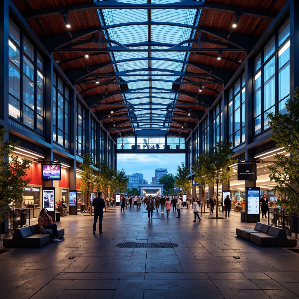 Prompt: Vibrant train station, modern architectural design, steel beams, glass roofs, industrial chic, urban ambiance, busy atmosphere, fluorescent lights, neon signs, LED displays, dynamic color changing effects, warm and cool tone lighting, layered lighting system, overhead illumination, pedestrian flow guidance, platform signage, tunnel-like corridors, escalator lighting, stairway illumination, waiting area cozy nooks, futuristic fixtures, sleek metal finishes, urban landscape views, city skyline silhouettes, morning rush hour bustle, soft evening ambiance, high contrast ratio, 1/2 composition, symmetrical framing.