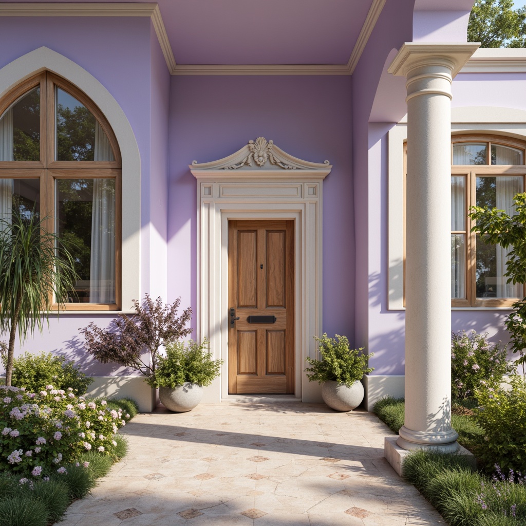 Prompt: Soft lilac hues, pastel lavender walls, creamy white trim, natural wood accents, subtle silver hardware, delicate florals, whimsical garden scenes, lush greenery, warm sunlight, soft focus, shallow depth of field, 1/1 composition, romantic ambiance, vintage charm, distressed textures, ornate architectural details, elegant columns, grand entrances, sophisticated facades.