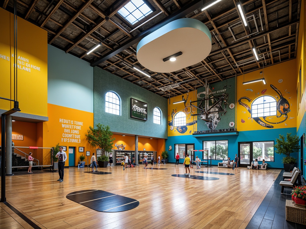 Prompt: Vibrant gymnasium interior, eclectic mix of styles, bold color blocking, bright citrus hues, deep blues and greens, warm beige accents, industrial metal beams, reclaimed wood floors, modern LED lighting, abstract graffiti murals, dynamic sports equipment, motivational quotes on walls, urban loft-inspired architecture, high ceilings, open spaces, natural light pouring in, soft focus, shallow depth of field, 1/2 composition, realistic textures, ambient occlusion.