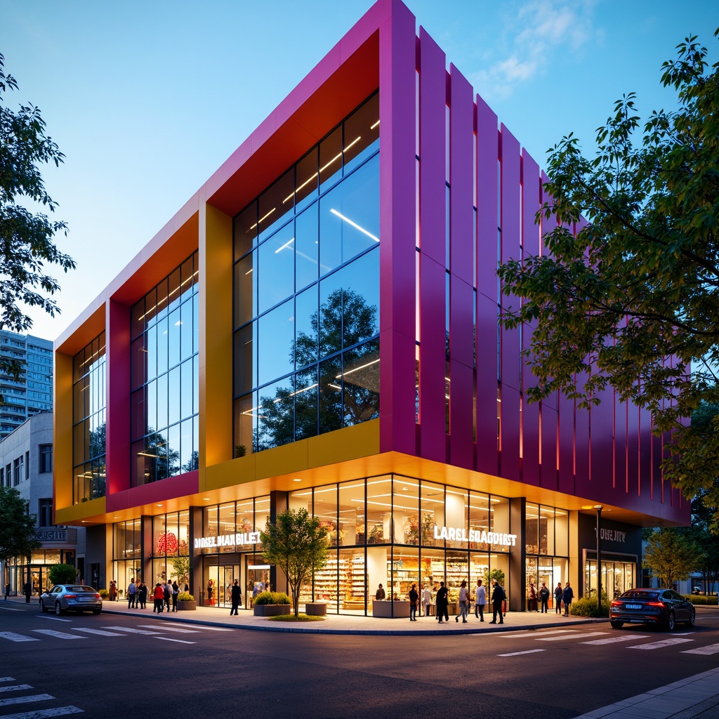 Prompt: Vibrant supermarket facade, bold color scheme, large glass windows, metallic frames, cantilevered rooflines, modern minimalist architecture, LED signage, urban cityscape, busy street scene, morning sunlight, soft warm lighting, shallow depth of field, 3/4 composition, realistic textures, ambient occlusion.