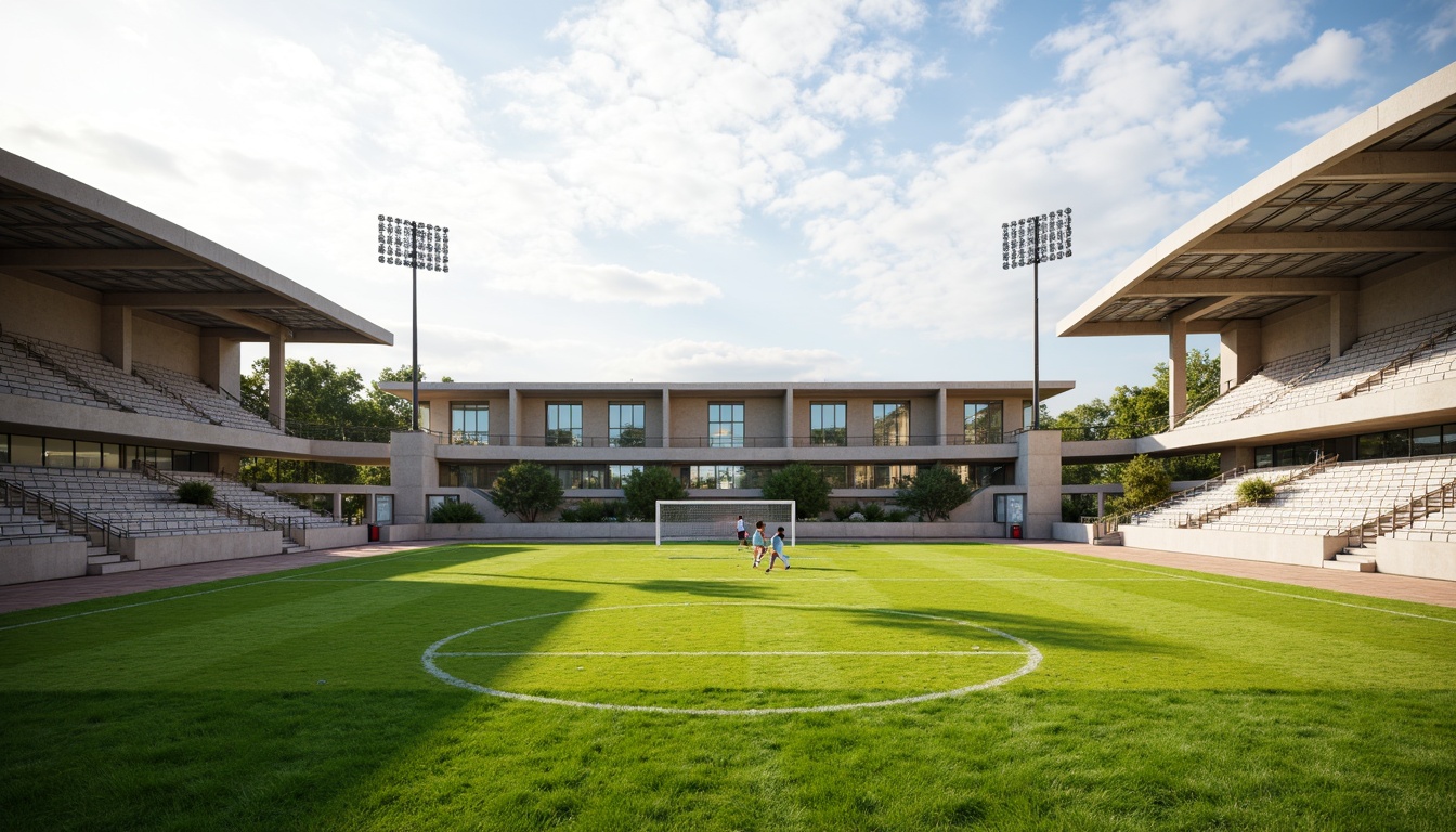 Prompt: Vibrant green grass, athletic tracks, sports equipment, goalposts, floodlights, stadium seating, natural stone facades, curved rooflines, clerestory windows, skylights, solar tubes, reflective surfaces, warm sunny day, soft diffused lighting, shallow depth of field, 3/4 composition, panoramic view, realistic textures, ambient occlusion.