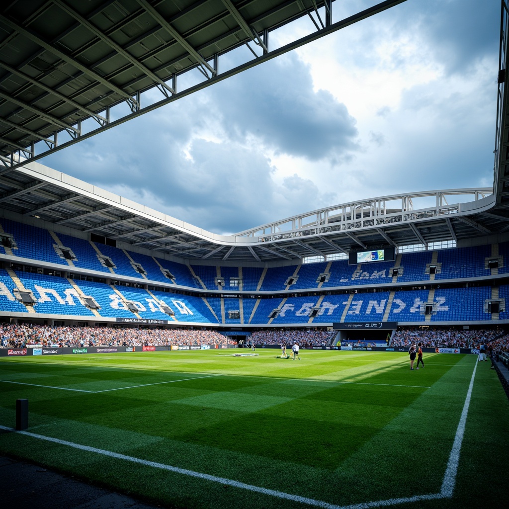 Prompt: Vibrant Prussian blue seats, dynamic stadium architecture, lush green grass, bold white lines, modern floodlights, energetic crowd atmosphere, cloudy sky with sunlight peeking through, dramatic shadows, high-angle shot, shallow depth of field, 2/3 composition, realistic textures, ambient occlusion.