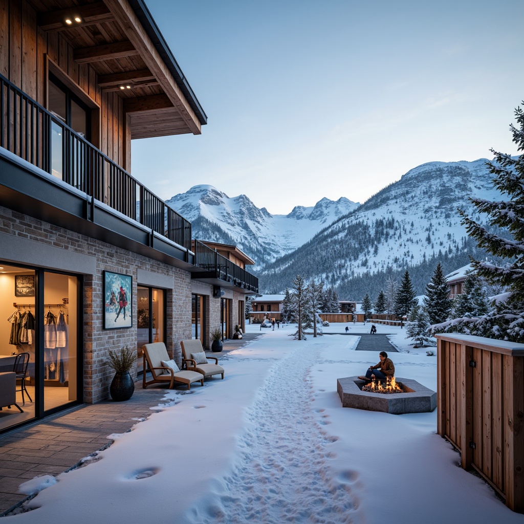 Prompt: Snow-capped mountains, frozen lakes, ski lifts, chairlifts, gondolas, rustic wooden cabins, stone-clad buildings, modern architecture, large windows, glass doors, snow-covered roofs, wooden beams, exposed ductwork, industrial-style lighting, steel frames, minimalist design, functional simplicity, warm cozy atmosphere, crackling fireplace, ski equipment racks, snowshoes, sleds, winter sports memorabilia, vintage skiing posters, wooden lockers, ski boot racks, snowy outdoor spaces, frozen waterfalls, pine trees, misty morning light, soft warm lighting, shallow depth of field, 3/4 composition, panoramic view.