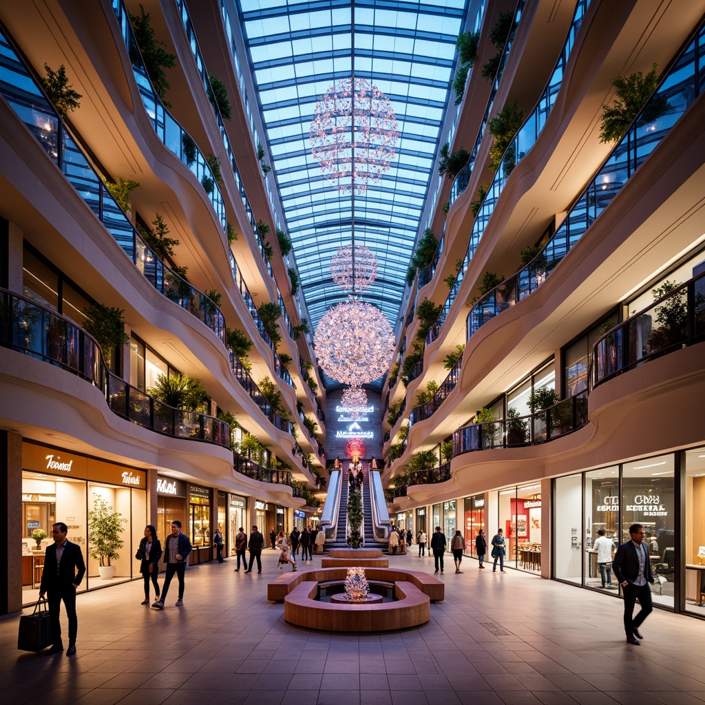 Prompt: Vibrant shopping mall interior, modern chandeliers, LED ceiling lights, warm floor lamps, neon signs, futuristic escalators, sleek glass railings, marble floors, luxurious brand stores, bustling food courts, natural skylights, ambient downlights, softbox lighting, 1/1 composition, shallow depth of field, realistic reflections, morning sunlight, dramatic evening lighting, urban cityscape outside.