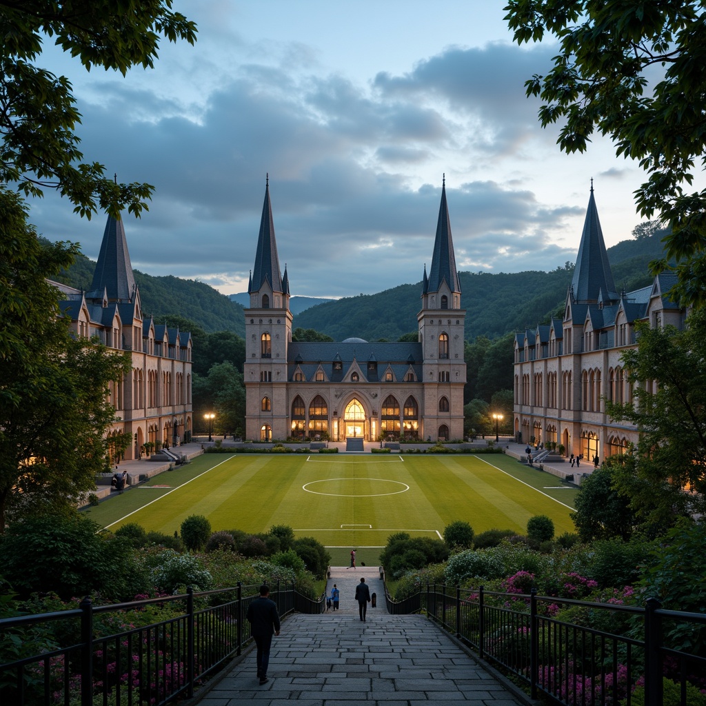 Prompt: Mysterious Gothic-style soccer stadium, towering spires, grand arches, intricate stone carvings, lush greenery, vibrant flowers, majestic trees, rolling hills, winding pathways, natural stone walls, rustic benches, ornate iron gates, dramatic floodlights, misty evening atmosphere, shallow depth of field, 1/1 composition, symmetrical framing, warm golden lighting, detailed textures, ambient occlusion.