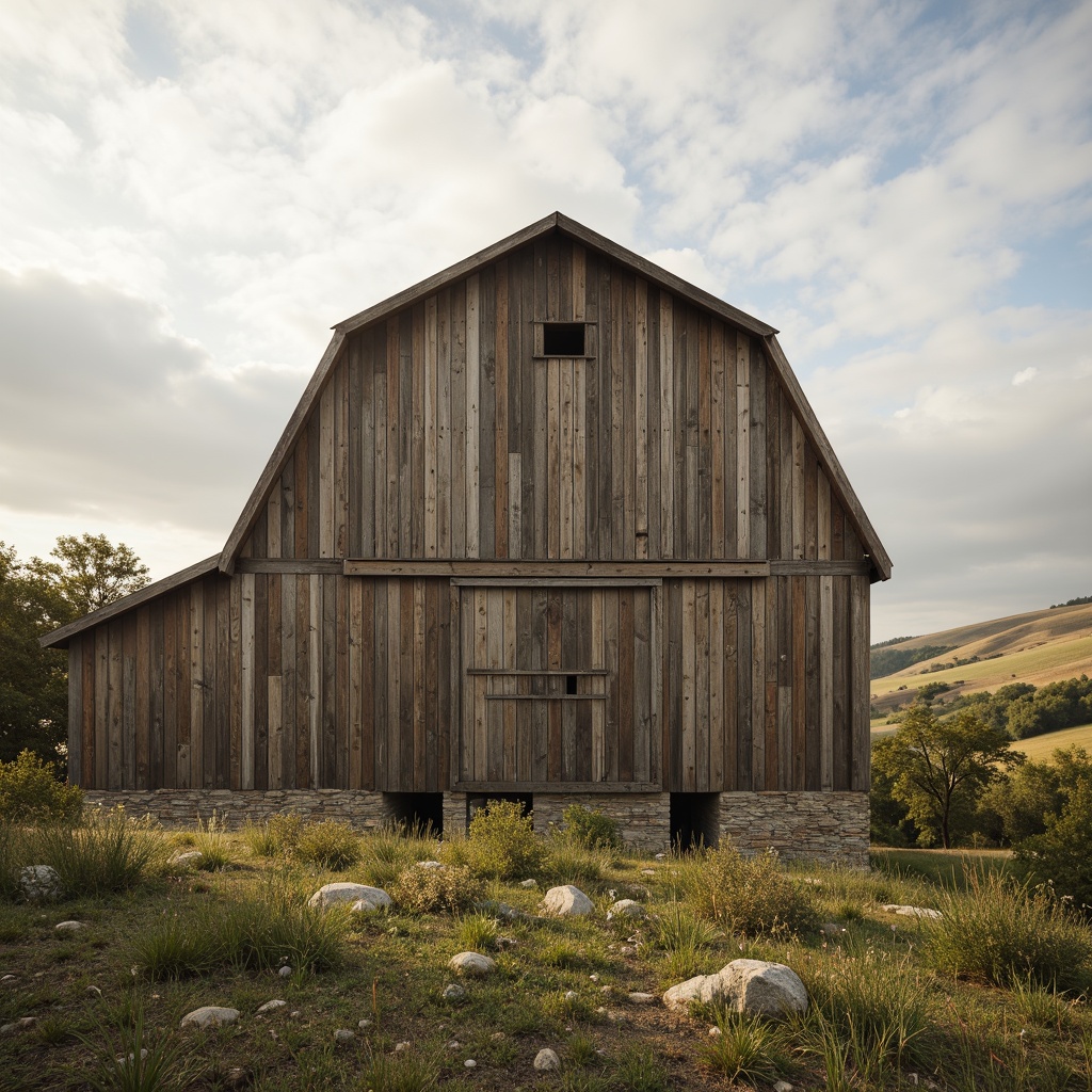 Prompt: Rustic barn, weathered wood, earthy tones, muted greens, warm beige, soft creams, distressed textures, vintage metal accents, natural stone foundations, rolling hills, serene countryside, cloudy skies, warm sunlight, shallow depth of field, 1/1 composition, realistic renderings, ambient occlusion.