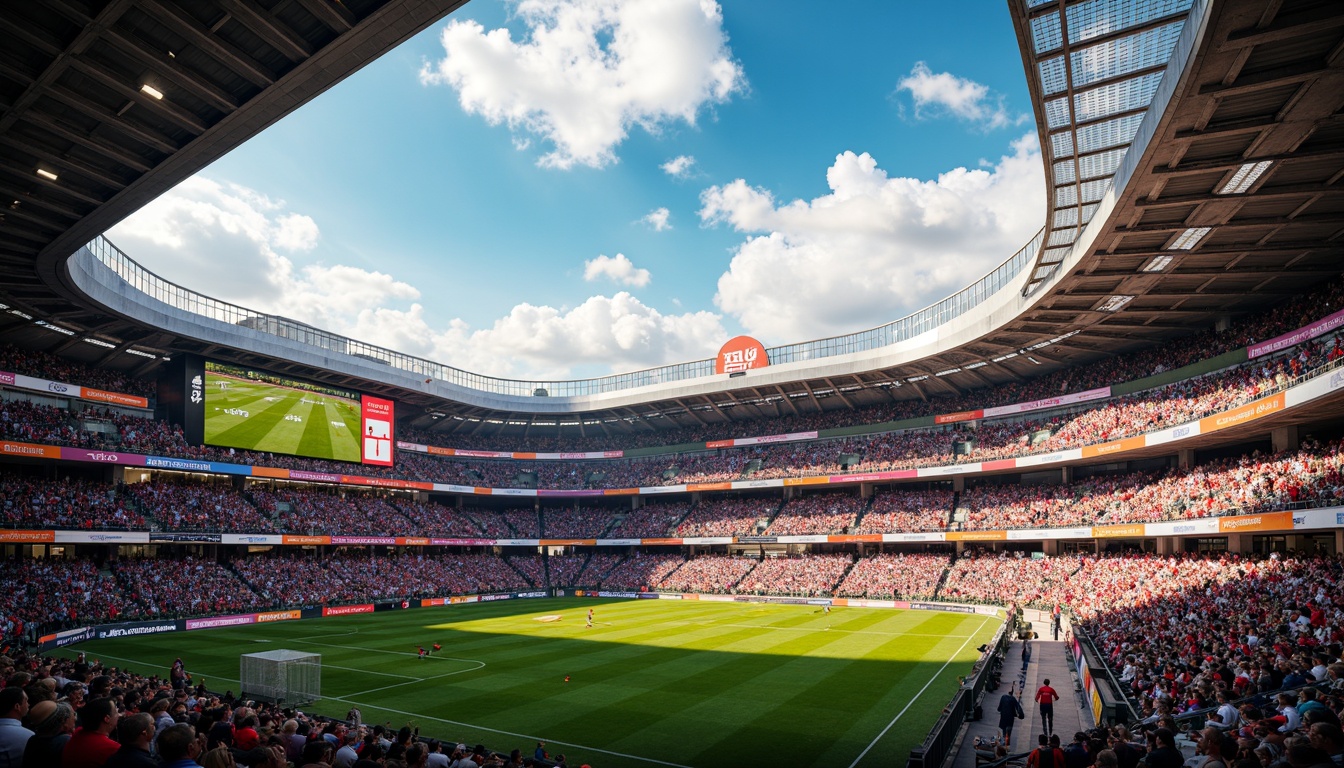 Prompt: Vibrant sports stadium, energetic crowd atmosphere, bold team colors, dynamic LED lighting, sleek modern architecture, sturdy steel structures, comfortable seating areas, lush green grass fields, HD scoreboard displays, warm sunny day, dramatic cloudy skies, 3/4 composition, low-angle shot, realistic textures, ambient occlusion.