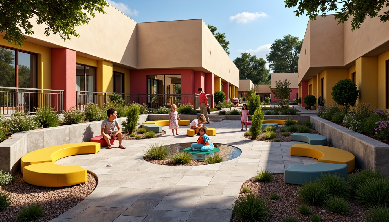 Prompt: Whimsical kindergarten courtyard, curved lines, organic shapes, vibrant colors, playful sculptures, wavy benches, flower-shaped planters, natural stone pathways, ornate metal railings, stained glass windows, flowing water features, lush greenery, blooming flowers, sunny day, soft warm lighting, shallow depth of field, 3/4 composition, panoramic view, realistic textures, ambient occlusion.