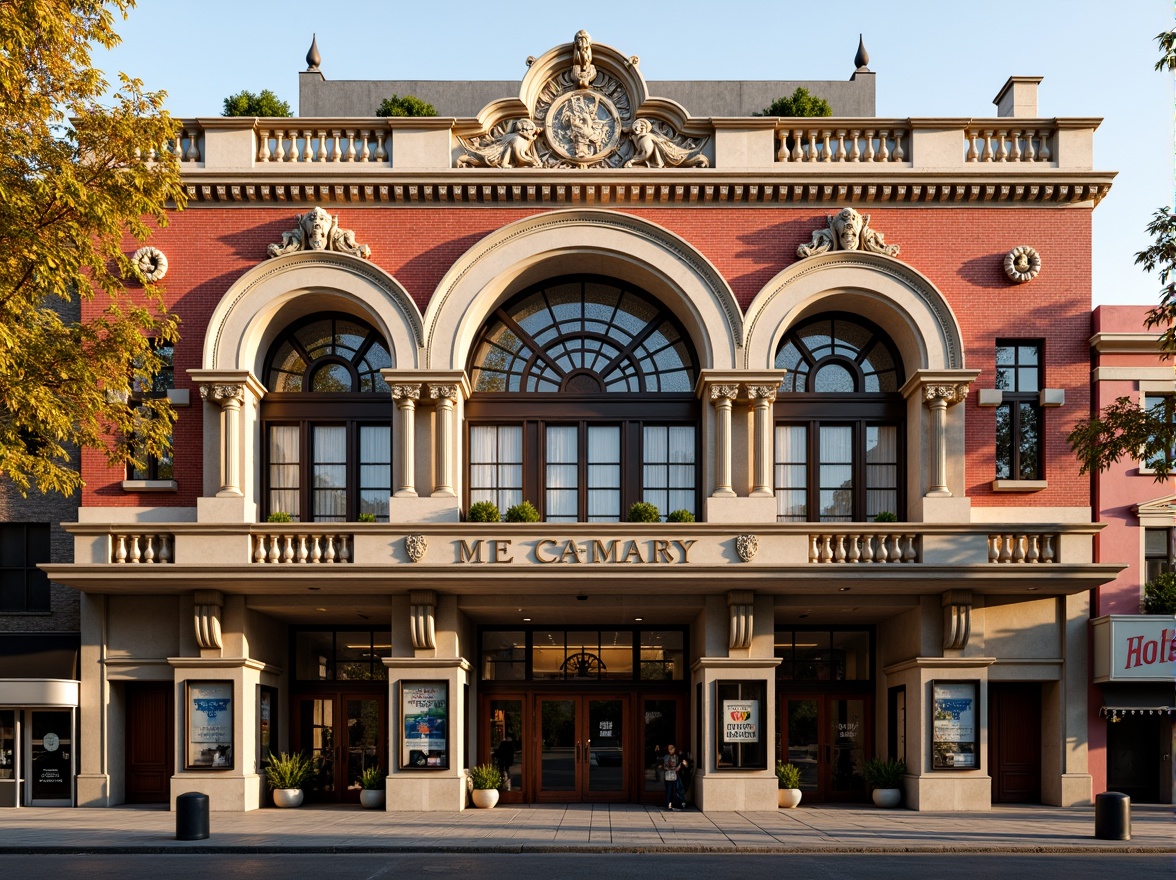 Prompt: Ornate cinema facade, Romanesque arches, grand entrance, intricate stone carvings, ornamental columns, vibrant red brick walls, golden accents, decorative gargoyles, stained glass windows, cinematic signage, bustling city street, afternoon sun, warm lighting, shallow depth of field, 1/1 composition, symmetrical framing, realistic textures, ambient occlusion.