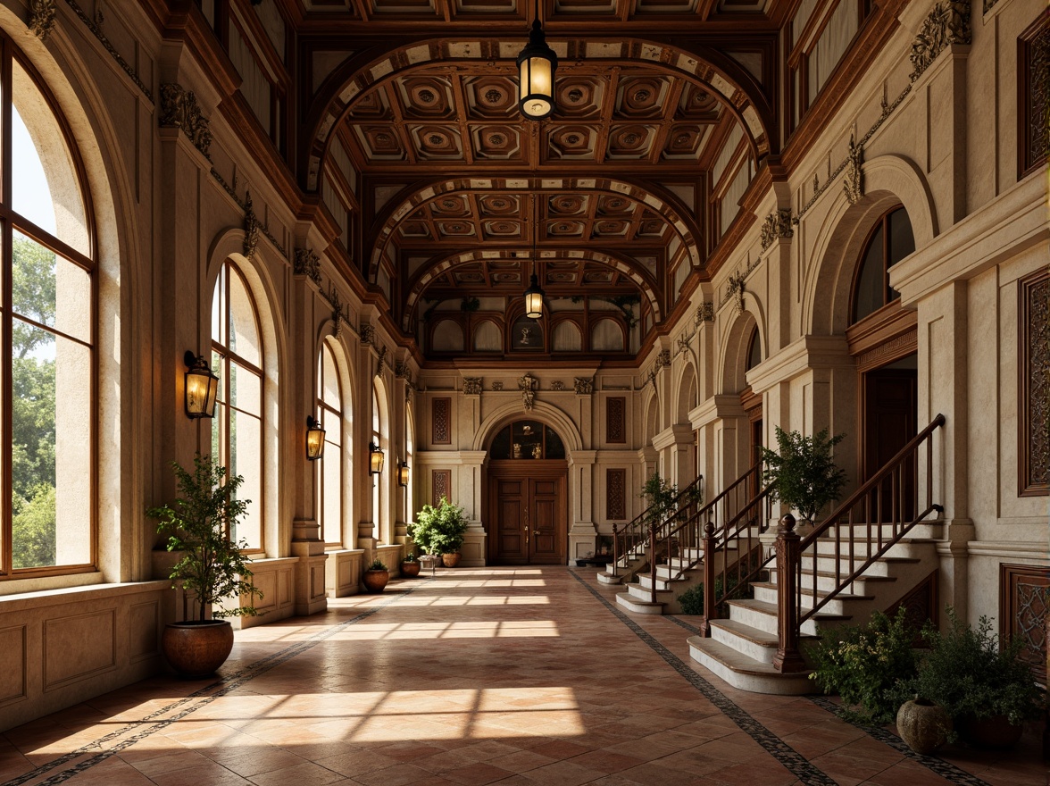 Prompt: Renaissance-style university buildings, rustic stone walls, ornate carvings, grandiose archways, vaulted ceilings, intricate frescoes, decorative moldings, luxurious marbles, polished wood accents, rich tapestries, grand staircases, ornamental railings, warm golden lighting, soft natural textures, realistic material details, high-contrast shading, 1/1 composition, symmetrical framing, dramatic chiaroscuro.