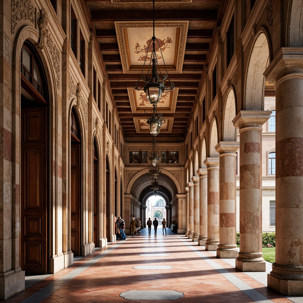 Prompt: Renaissance-style university buildings, ornate stone carvings, intricate brick patterns, rustic wooden doors, grandiose archways, imposing columns, ornamental metalwork, vibrant fresco ceilings, warm terracotta flooring, luxurious marble accents, soft natural lighting, shallow depth of field, 1/1 composition, realistic textures, ambient occlusion.