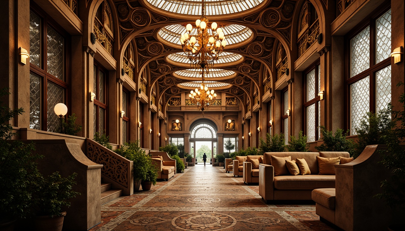 Prompt: Intricate ironwork, curved lines, organic forms, earthy tones, rich jewel-tones, luxurious materials, ornate decorations, grand chandeliers, stained glass ceilings, mosaic flooring, warm golden lighting, soft warm glow, shallow depth of field, 1/2 composition, realistic textures, ambient occlusion.