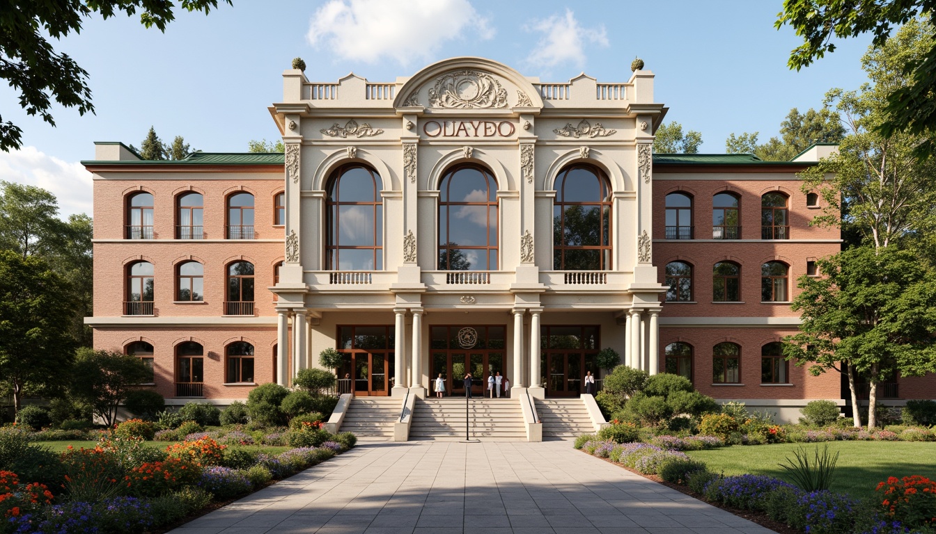 Prompt: Elegant academic building, historic fa\u00e7ade design, ornate stone carvings, grand entrance archways, symmetrical columns, rusticated bases, decorative cornices, subtle color palette, earthy tones, red brick walls, green roofs, copper accents, modern glass additions, sleek metal railings, educational signage, vibrant flower arrangements, lush greenery, natural stone walkways, shaded outdoor spaces, soft warm lighting, 1/1 composition, realistic textures, ambient occlusion.