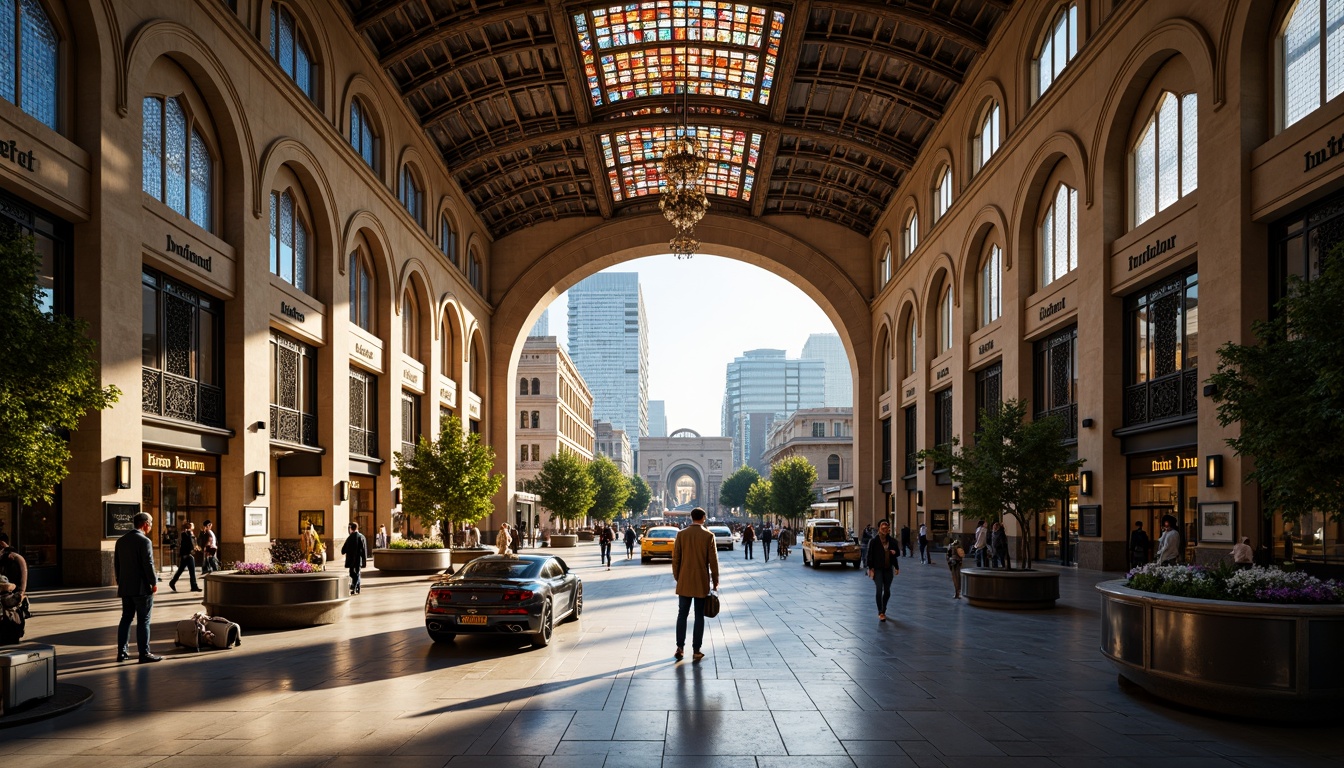 Prompt: Grandiose train station, curved lines, ornate details, flowing patterns, stained glass ceilings, ironwork gates, vintage luggage carts, retro-style signage, elegant chandeliers, marble flooring, high ceilings, natural light pouring in, urban cityscape, bustling streets, modern skyscrapers, historic landmarks, vibrant street art, eclectic neighborhoods, pedestrian-friendly sidewalks, lush greenery, sunny day, warm soft lighting, shallow depth of field, 3/4 composition, panoramic view, realistic textures, ambient occlusion.