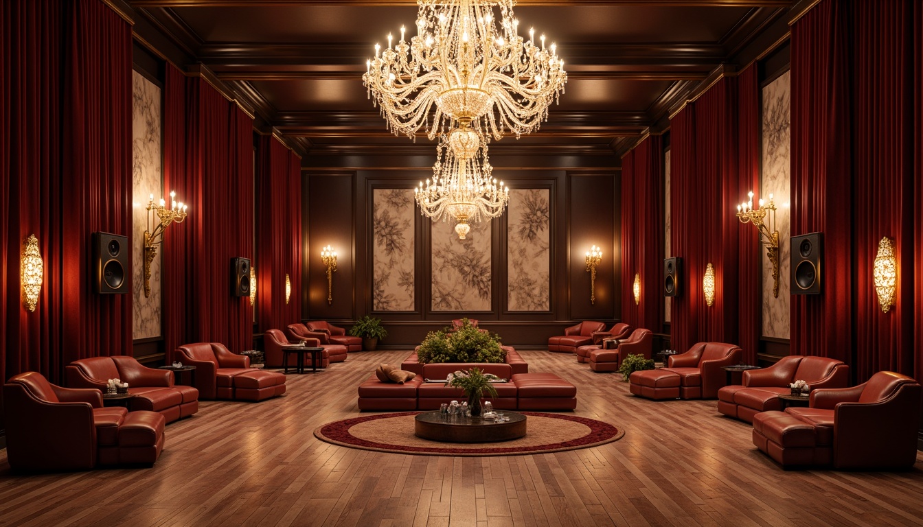 Prompt: Rich velvet curtains, polished wooden floors, ornate gold accents, luxurious leather seats, dramatic spotlights, grandiose chandeliers, acoustic panels, sound-absorbing materials, elegant marble walls, lavish crystal decorations, plush carpets, sophisticated audio equipment, immersive cinematic experience, warm ambient lighting, 3-point perspective composition, high-contrast color scheme, realistic reflections, detailed normal maps.