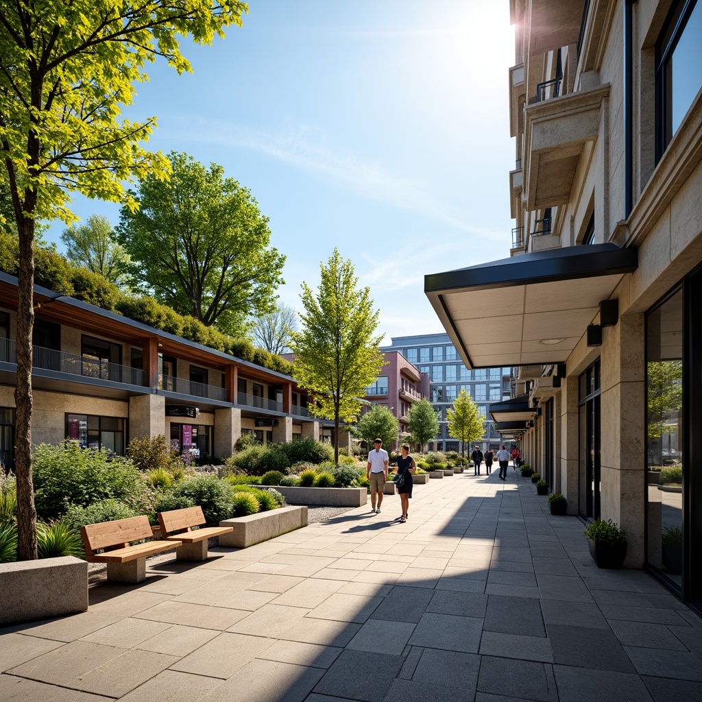 Prompt: Scenic tram station, lush green roofs, native plant species, natural stone walls, wooden benches, educational signage, pedestrian-friendly pathways, modern urban design, sleek metal canopies, glass awnings, vibrant street art, sunny day, soft warm lighting, shallow depth of field, 3/4 composition, panoramic view, realistic textures, ambient occlusion.