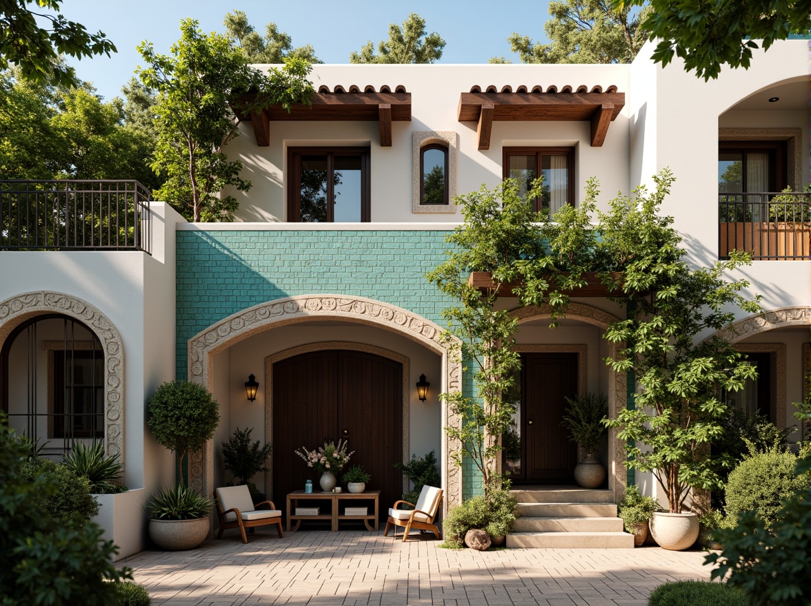 Prompt: Whimsical villa facade, eclectic mix of styles, ornate Victorian details, modern minimalist touches, rustic wooden accents, Mediterranean-inspired arches, vibrant turquoise tiles, intricate stone carvings, asymmetrical compositions, bold color blocking, lush greenery, sprawling ivy, blooming flower boxes, soft warm lighting, shallow depth of field, 1/2 composition, realistic textures, ambient occlusion.