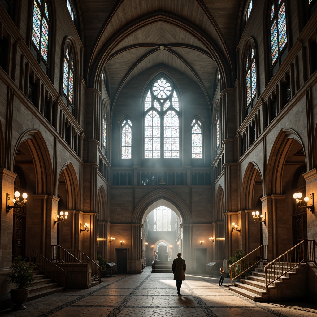 Prompt: Grandiose archways, ornate stone carvings, pointed ribbed vaults, flying buttresses, stained glass windows, intricate tracery patterns, majestic entrance halls, grand staircases, rich wood paneling, warm soft lighting, mystical atmosphere, foggy misty morning, 1/1 composition, dramatic shadows, realistic textures, ambient occlusion.