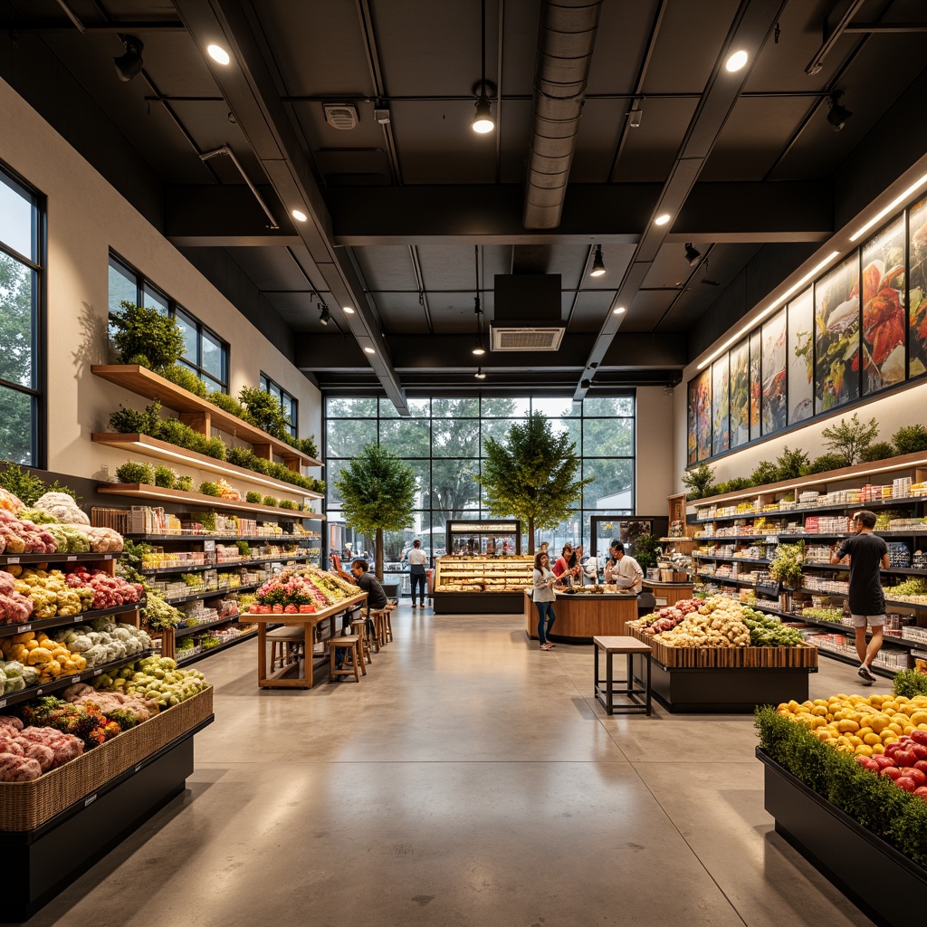 Prompt: Vibrant grocery store interior, open shelving, modern industrial lighting, polished concrete floors, wooden accents, fresh produce stands, colorful product displays, checkout counters, electronic payment systems, shopping carts, baskets, comfortable seating areas, natural stone walls, earthy tone color scheme, warm ambient lighting, 1/1 composition, shallow depth of field, realistic textures, ambient occlusion.