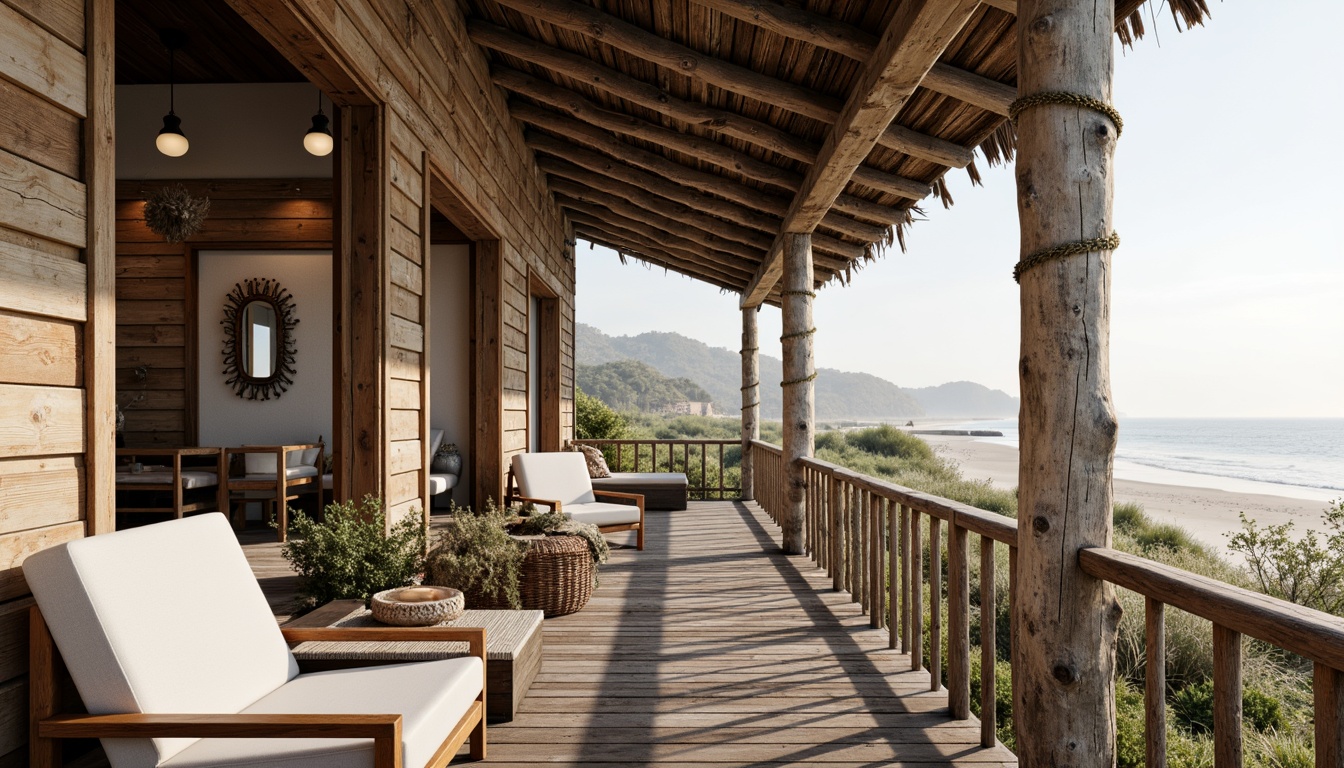 Prompt: \Serenely rustic beachside retreat, driftwood accents, ocean-inspired color palette, weathered wooden decks, nautical rope railings, seashell decorations, soft sandy textures, calming sea breeze, misty morning light, shallow depth of field, 1/2 composition, warm atmospheric perspective, realistic wave simulations, subtle coastal erosion details.\