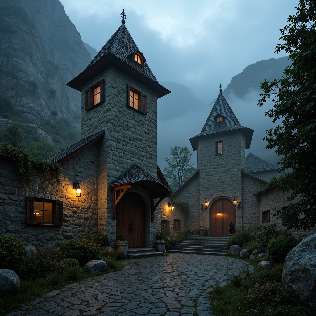 Prompt: Majestic watchtowers, medieval stone walls, rugged mountainous surroundings, misty foggy atmosphere, mysterious lanterns, ancient wooden doors, intricate stonework carvings, warm earthy tones, weathered rusty metal accents, moss-covered stone steps, eerie twilight ambiance, dramatic spotlighting, cinematic composition, high contrast ratio, moody color grading.