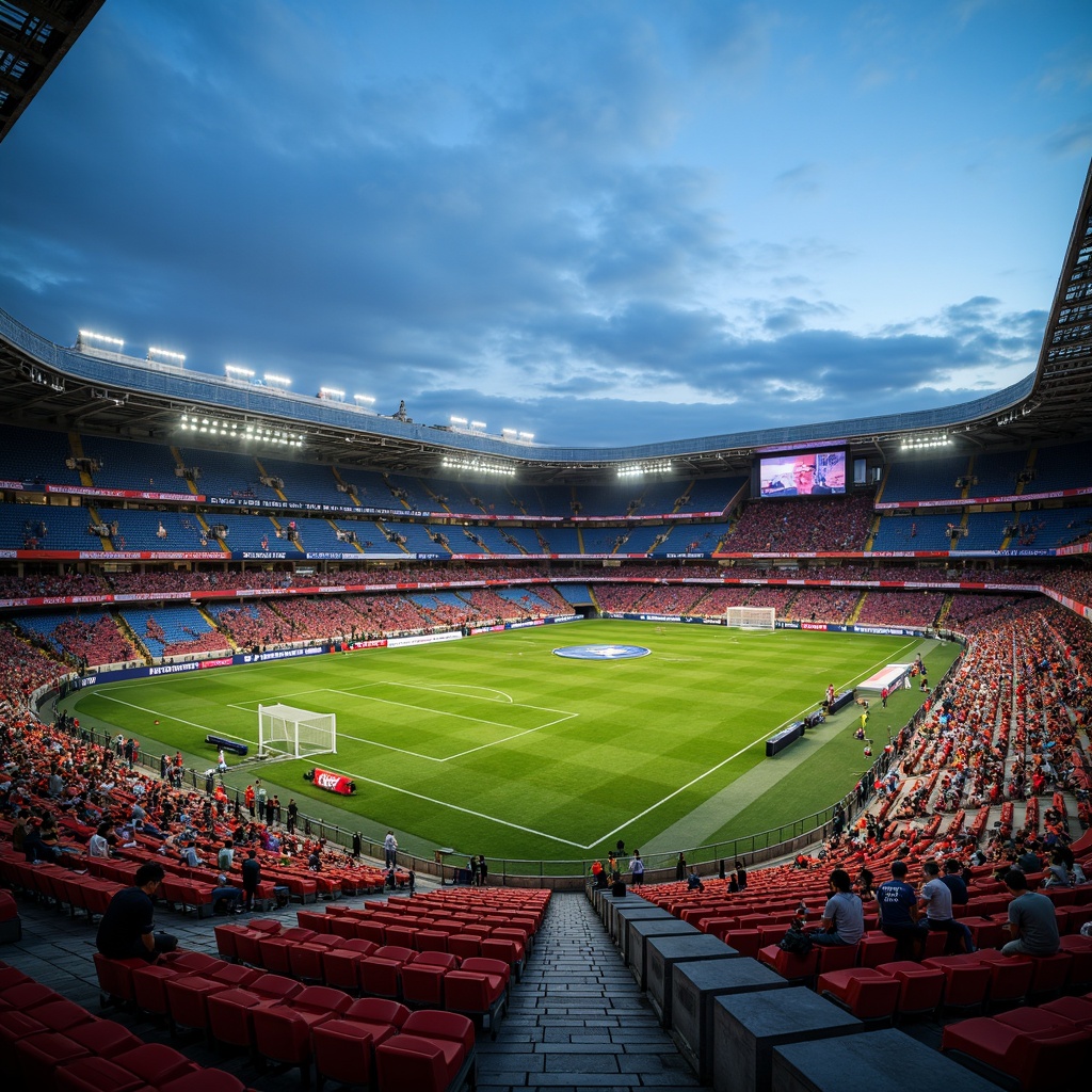 Prompt: Football stadium, tiered seating, vibrant team colors, ergonomic chairs, inclined rows, spectator crowd, athletic track, lush green grass, goalposts, scoreboard displays, floodlights, evening atmosphere, dramatic shadows, 1/2 composition, low-angle shot, realistic textures, ambient occlusion.