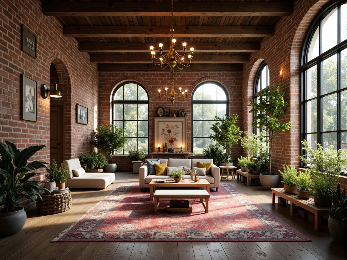 Prompt: Exposed brick walls, wooden beams, vintage industrial lamps, distressed wood floors, plush area rugs, cozy reading nooks, floor-to-ceiling windows, soft natural light, romantic ambiance, eclectic decorative pieces, antique furniture, lush greenery, pastel color palette, warm golden lighting, shallow depth of field, 1/2 composition, atmospheric perspective, realistic textures, ambient occlusion.