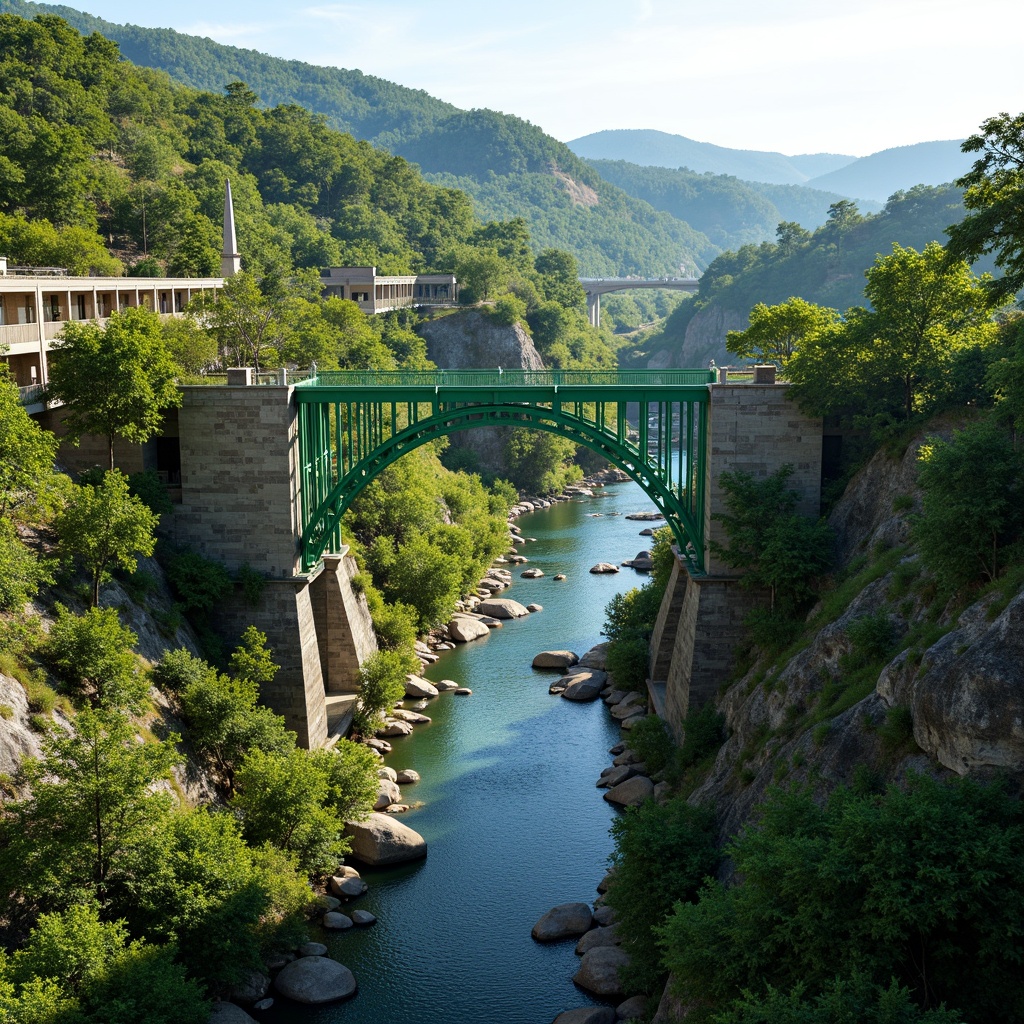 Prompt: Vibrant green bridge, meandering river, serene landscape, lush vegetation, walking trails, observation decks, steel arches, modern infrastructure, natural stone abutments, curved lines, dynamic shapes, scenic overlooks, sunny day, soft warm lighting, shallow depth of field, 3/4 composition, panoramic view, realistic textures, ambient occlusion.