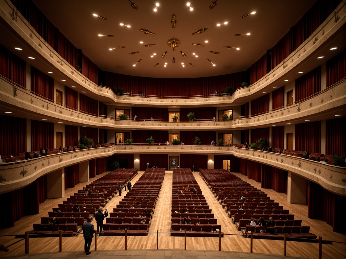 Prompt: Grand auditorium, tiered seating, ornate balconies, velvet curtains, golden lighting fixtures, polished wooden floors, acoustic panels, state-of-the-art sound systems, minimalistic interior design, curved lines, geometric patterns, comfortable cushions, intimate atmosphere, warm color palette, subtle texture variations, atmospheric lighting, shallow depth of field, 2/3 composition, symmetrical framing, realistic reflections.