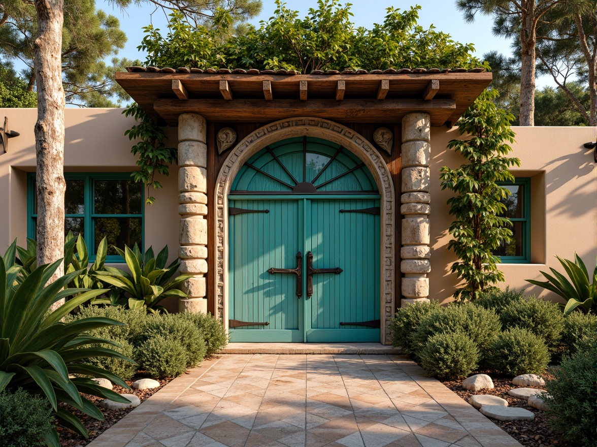 Prompt: Whimsical villa facade, eclectic mix of materials, distressed wood accents, ornate metalwork, vibrant turquoise hues, rustic stone walls, grandiose entrance archways, asymmetrical compositions, intricate stucco patterns, lush greenery overgrowth, Mediterranean-inspired tile work, curved lines, playful ornamental details, warm golden lighting, soft focus blur, 1/2 composition, shallow depth of field, ambient occlusion.