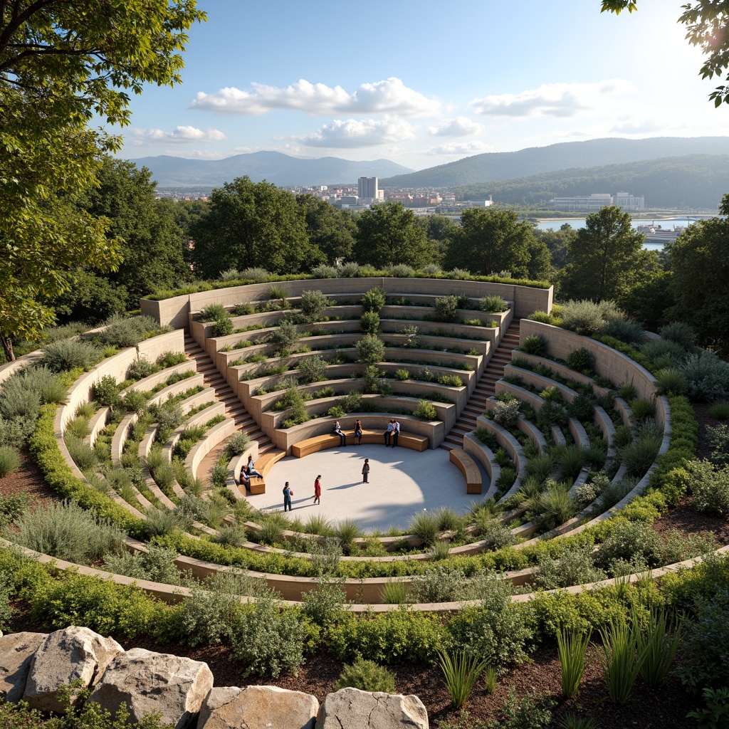 Prompt: Amphitheater-style seating, lush green roofs, native plant species, natural stone walls, reclaimed wood benches, eco-friendly materials, rainwater harvesting systems, grey water reuse, solar panels, wind turbines, geothermal energy systems, shaded outdoor spaces, misting systems, panoramic views, serene atmosphere, warm sunny day, soft natural lighting, shallow depth of field, 3/4 composition, realistic textures, ambient occlusion.