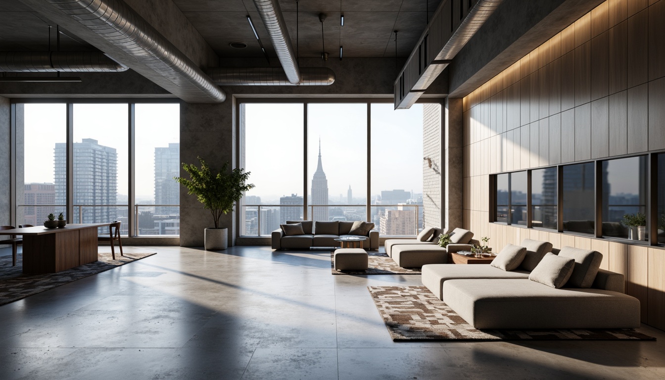 Prompt: Minimalist interior, open floor plan, sleek lines, rectangular forms, functional simplicity, industrial materials, exposed ductwork, polished concrete floors, floor-to-ceiling windows, sliding glass doors, urban cityscape views, modern furniture pieces, low-profile sofas, geometric-patterned rugs, metallic accent walls, recessed lighting fixtures, soft ambient illumination, 1/1 composition, realistic reflections, atmospheric perspective.