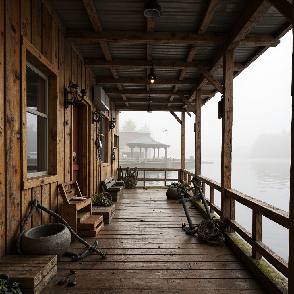 Prompt: Rustic boathouse, natural wood accents, weathered wooden planks, corrugated metal roofing, nautical ropes, vintage anchors, distressed finishes, earthy color palette, waterfront location, serene lake views, misty morning atmosphere, soft warm lighting, shallow depth of field, 1/1 composition, realistic textures, ambient occlusion.