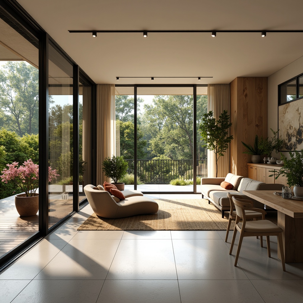 Prompt: Spacious open-plan living area, floor-to-ceiling windows, sliding glass doors, minimal obstruction, reflective surfaces, bright airy atmosphere, soft warm lighting, shallow depth of field, 1/1 composition, panoramic view, realistic textures, ambient occlusion, modern minimalist decor, natural materials, reclaimed wood accents, greenery, potted plants, blooming flowers, outdoor-indoor connection, seamless transition, sustainable design, eco-friendly furniture, organic shapes, flowing curves, calming color palette.