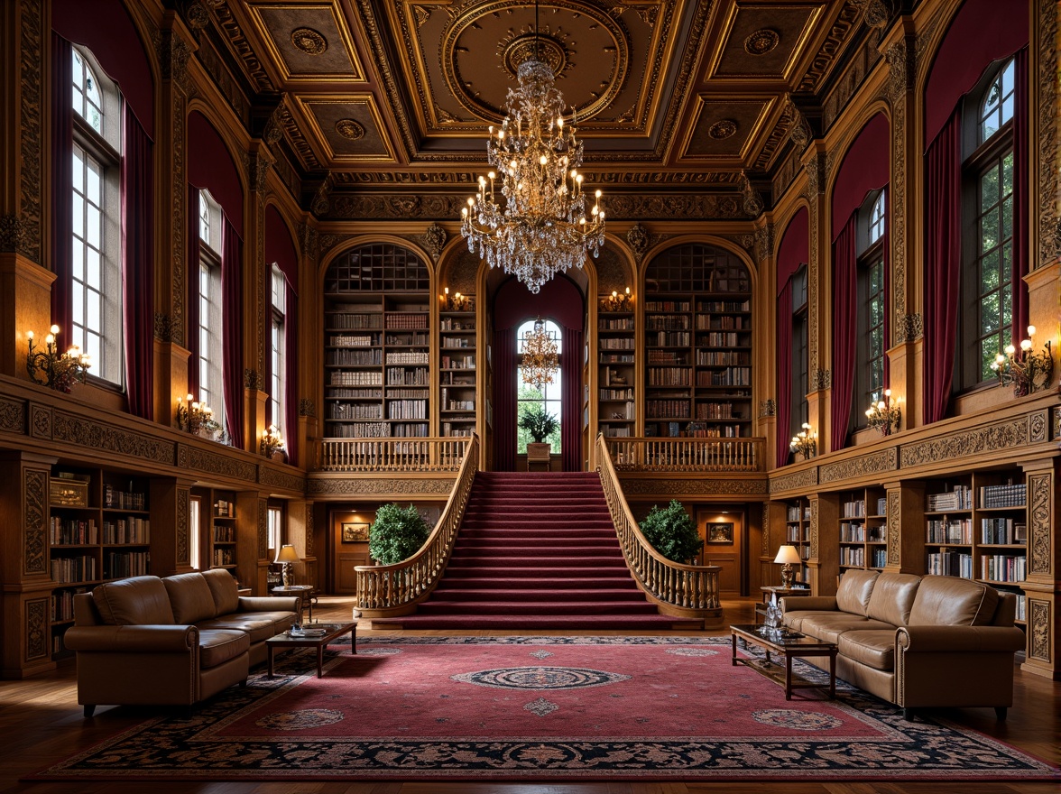 Prompt: Grandiose baroque library, ornate wooden shelves, leather-bound books, golden accents, crystal chandeliers, intricate moldings, rich velvet drapes, lavish furnishings, opulent carpets, stately columns, grand staircases, majestic archways, warm soft lighting, atmospheric shadows, 1/1 composition, symmetrical framing, realistic textures, ambient occlusion.