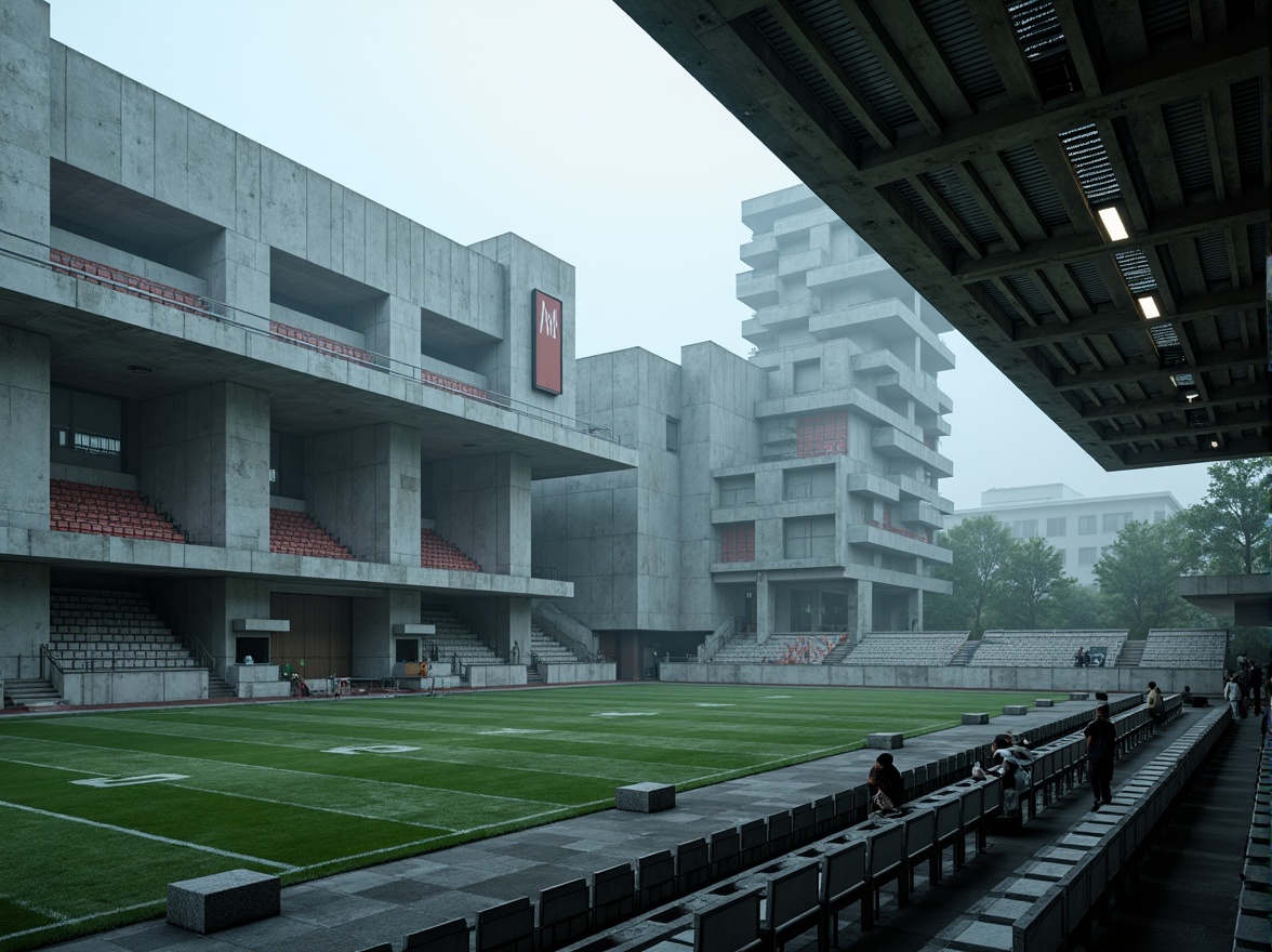 Prompt: Monumental football stadium, brutalist architecture, rugged concrete fa\u00e7ade, angular lines, fortress-like structure, imposing grandstand, cantilevered roofs, exposed ductwork, industrial materials, raw textures, dramatic lighting, atmospheric mist, low-angle shot, 2.35