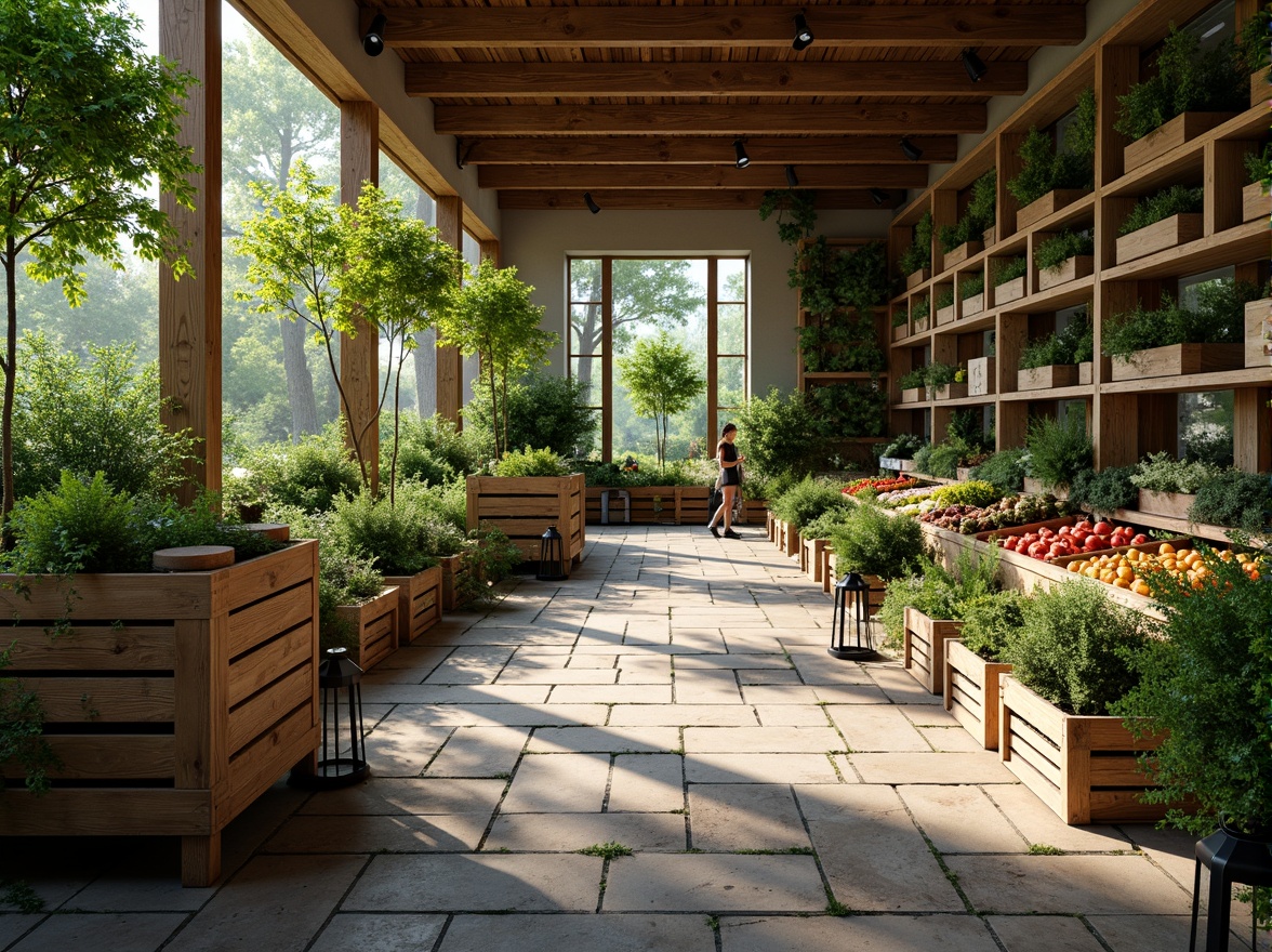 Prompt: Natural stone flooring, lush green walls, living trees, vertical gardens, rustic wood accents, earthy color palette, organic produce displays, farmhouse-style decor, wooden crates, vintage metal lanterns, natural light pouring in, soft warm ambiance, shallow depth of field, 3/4 composition, panoramic view, realistic textures, ambient occlusion.