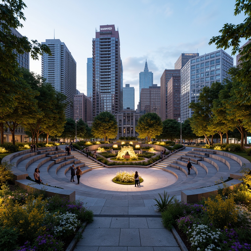 Prompt: Urban amphitheater, curved seating areas, stepped platforms, lush greenery, vibrant flowers, modern cityscape, skyscrapers, bustling streets, pedestrian walkways, urban plaza, public art installations, LED lighting systems, warm evening ambiance, shallow depth of field, 3/4 composition, panoramic view, realistic textures, ambient occlusion.