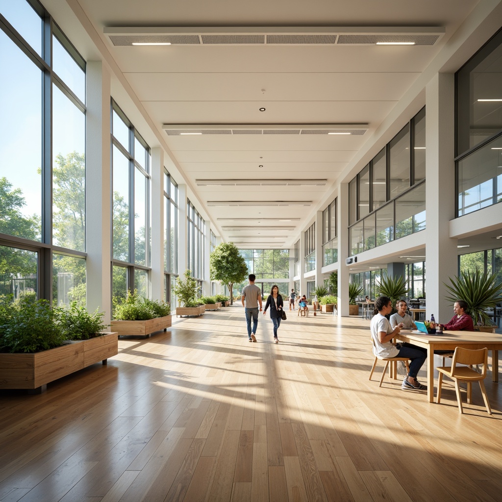 Prompt: Vibrant educational space, abundant natural light, floor-to-ceiling windows, minimal shading devices, reflective white walls, polished wooden floors, spacious classrooms, collaborative learning areas, modern furniture designs, greenery views, calming atmosphere, soft warm lighting, shallow depth of field, 3/4 composition, panoramic view, realistic textures, ambient occlusion.