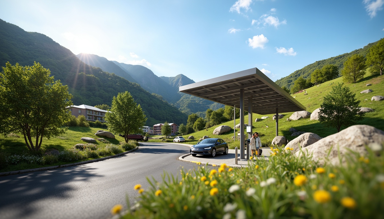 Prompt: Scenic highway, rolling hills, lush greenery, modern charging station, sleek metal canopy, solar panels, LED lighting, minimalist design, eco-friendly materials, natural stone walls, verdant roofs, vibrant wildflowers, clear blue sky, sunny day, soft warm lighting, shallow depth of field, 3/4 composition, panoramic view, realistic textures, ambient occlusion.