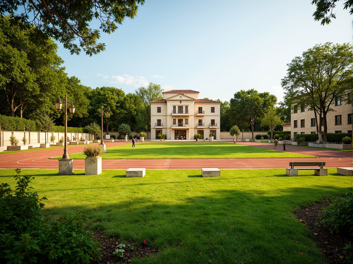 Prompt: Vibrant green grass, rich terracotta-red track lanes, warm beige stone benches, ornate metal fences, classic European-inspired lamp posts, rustic wooden goalposts, earthy brown athletic tracks, natural stone pathways, Tuscan-style villa buildings, sunny afternoon lighting, soft focus background, 1/1 composition, atmospheric perspective, realistic grass textures, subtle shadowing.Please let me know if this meets your requirements!