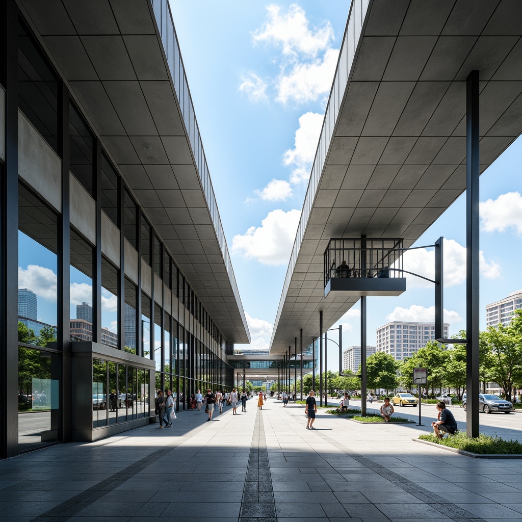 Prompt: Modern bus station, sleek glass facades, minimalist architecture, cantilevered roofs, stainless steel columns, polished concrete floors, vibrant urban landscape, bustling streets, city skyline views, natural ventilation systems, energy-efficient design, LED lighting, futuristic aesthetic, angular lines, geometric patterns, reflective surfaces, shallow depth of field, 3/4 composition, panoramic view, realistic textures, ambient occlusion.