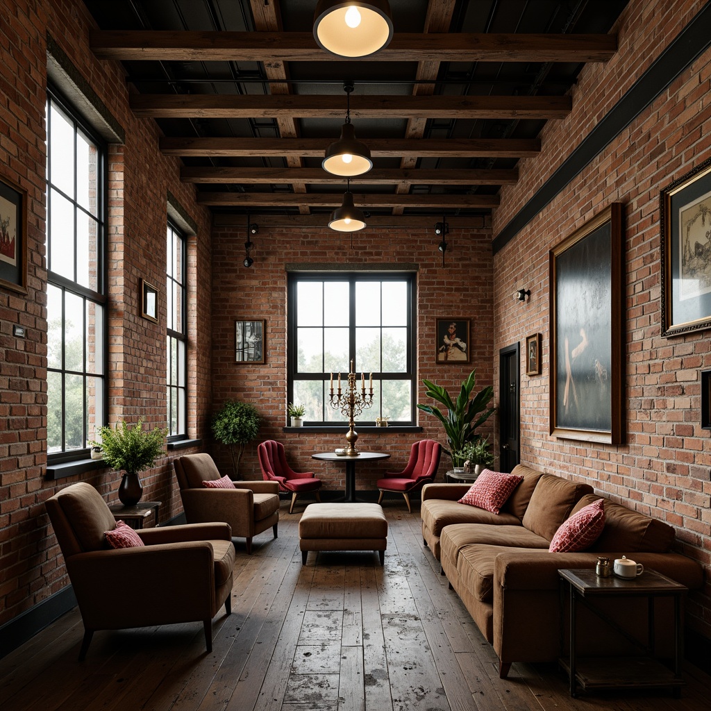 Prompt: Exposed brick walls, distressed wood beams, metal grid ceilings, reclaimed wooden floors, industrial pendant lamps, vintage factory windows, rusted metal accents, worn leather sofas, velvet drapes, ornate metalwork, eclectic art pieces, romantic candelabras, soft warm lighting, 1/1 composition, shallow depth of field, cinematic mood, nostalgic atmosphere.