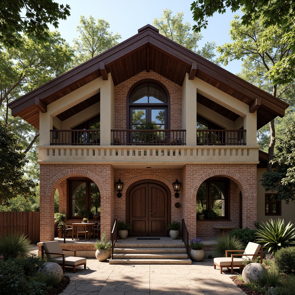 Prompt: Rustic brick facade, pitched rooflines, wooden accents, cozy reading nooks, grand entrance arches, stone columns, ornate metalwork, regional cultural patterns, earthy color palette, natural stone walls, wooden bookshelves, warm ambient lighting, softbox windows, 1/2 composition, shallow depth of field, realistic textures, subtle atmospheric effects.